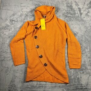 Grecerelle‎ Womens Mustard Cowl Neck Asymmetric Waffle Knit Sweater Large